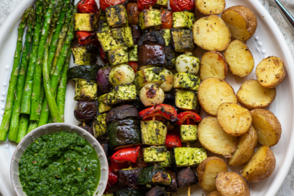 Grilled Veg Skewer with Green Goddess Herb Sauce – Rawcology Inc