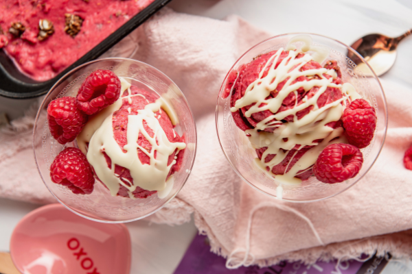 Raspberry Banana Sorbet with Chocolate Oat Clusters