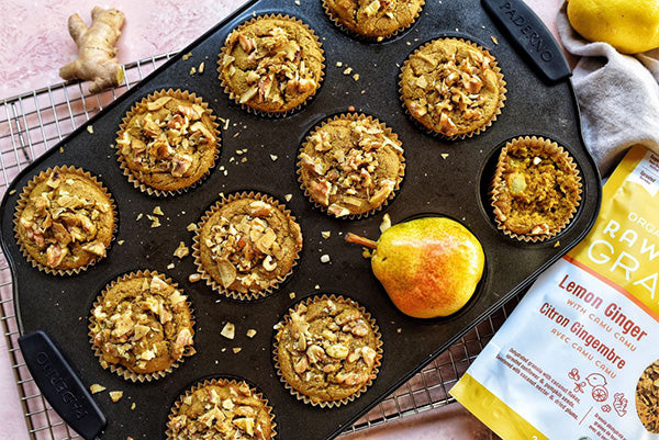 Rawcology Inc | Turmeric Lemon Ginger Pear Muffins