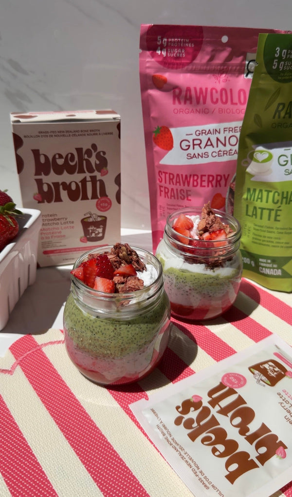 Becks Broth x Rawcology: Strawberry Matcha Chia Seed Pudding