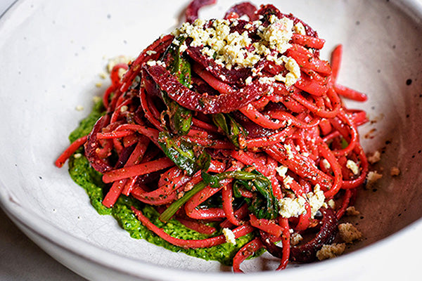 Rawcology Inc | Red Beet Pasta with Pistachio Pesto