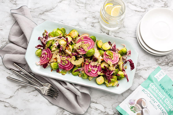 Rawcology Inc | Warm Brussels Sprouts Salad with Tahini Dressing