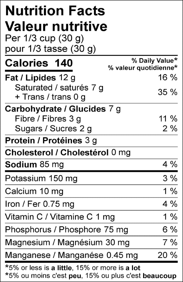 Rawcology Inc. Banana with Maca Raw Crunch Granola Nutrition Facts Table