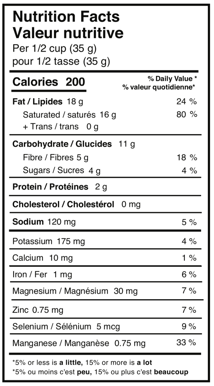 Rawcology Inc. Chocolate Cinnamon Superfood Coconut Chips Nutrition Facts Table