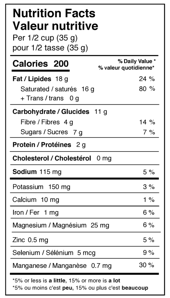 Rawcology Inc. Matcha Latte Superfood Coconut Chips Nutrition Facts Table